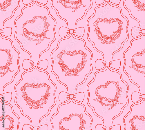 Retro seamless pattern with heart shaped cakes with ribbons. Vector background with cakes in bow frames. Vintage coquette aesthetic