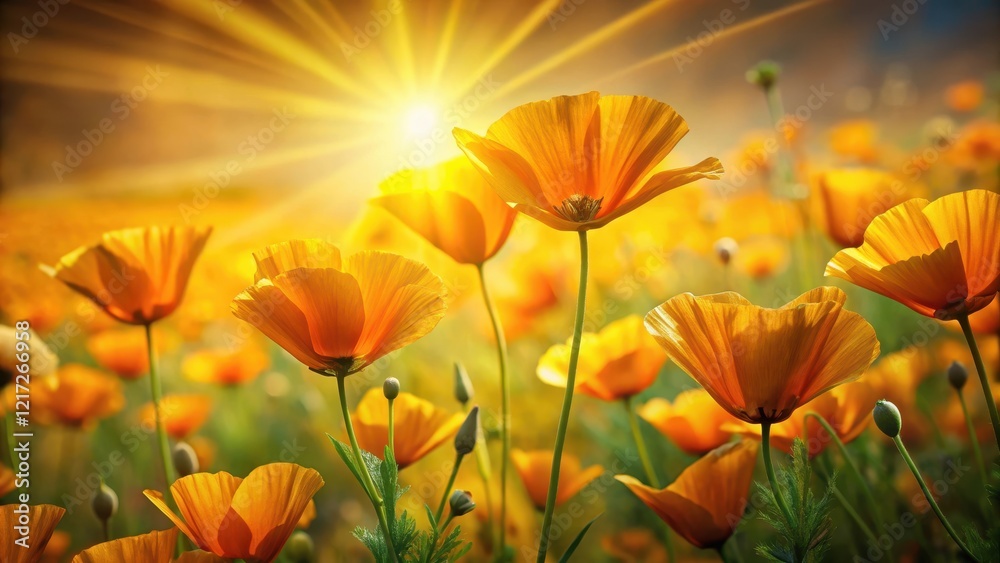 Fototapeta premium Golden poppies sway gently in the warm sunlight filtering through tall rays of sun