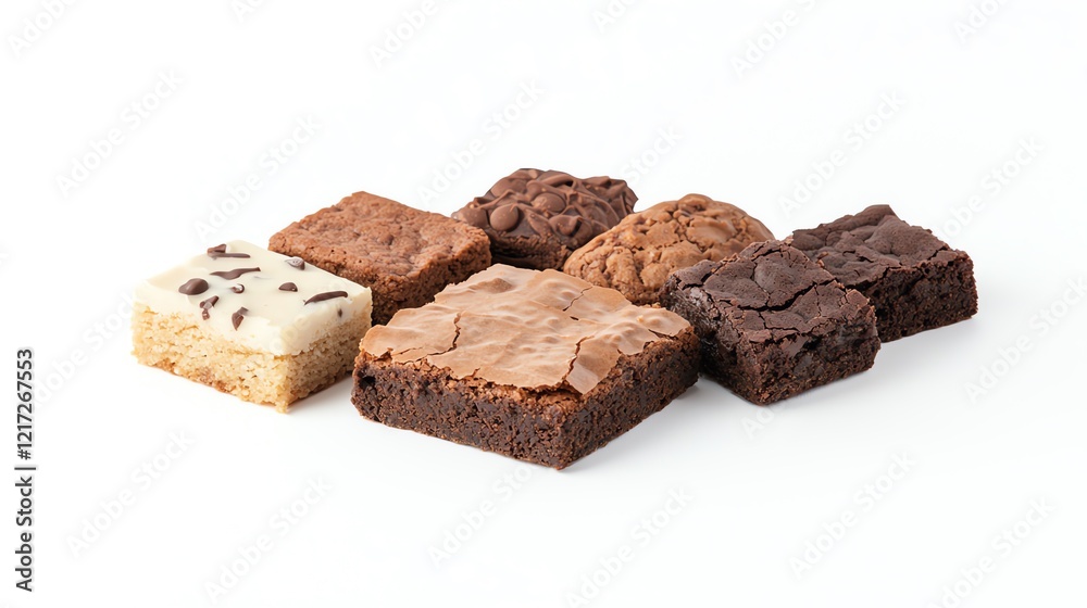 Assorted brownies with different flavors on a white isolated background. Assorted brownies with different flavors on a white isolated background.