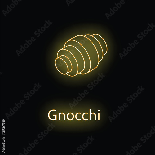 Bright neon icon illustrating a piece of gnocchi pasta, glowing on a black background