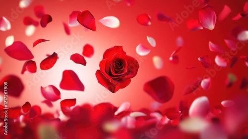 Love in Bloom: A Stunning Display of Passionate Red Roses and Delicate Petals, Adorning a Rich Crimson Canvas, Symbolizing the Beauty and Joy of Love.