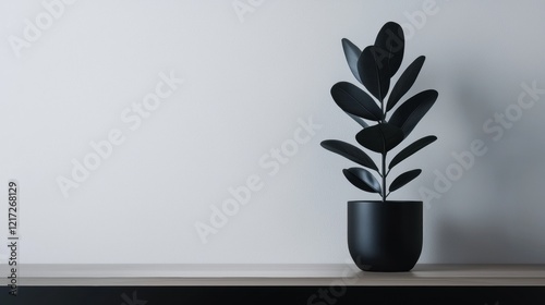 Black potted plant on a wooden shelf against a plain white wall. the plant has long, pointed leaves that are arranged in a fan-like pattern. photo