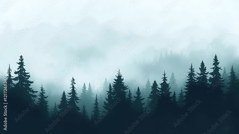 Obraz premium Misty forest with pine trees, foggy landscape, ethereal atmosphere, green hues, watercolor effect, minimalist style, serene nature, dreamy wilderness
