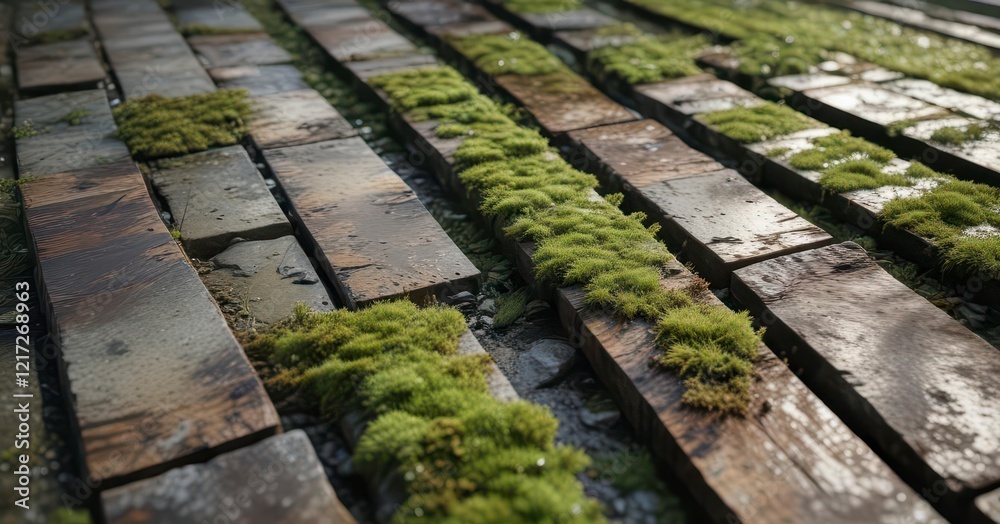Moss covered wooden planks on damp stone floor, moss, wooden floors, forest Moss covered wooden planks on damp stone floor, moss, wooden floors, forest