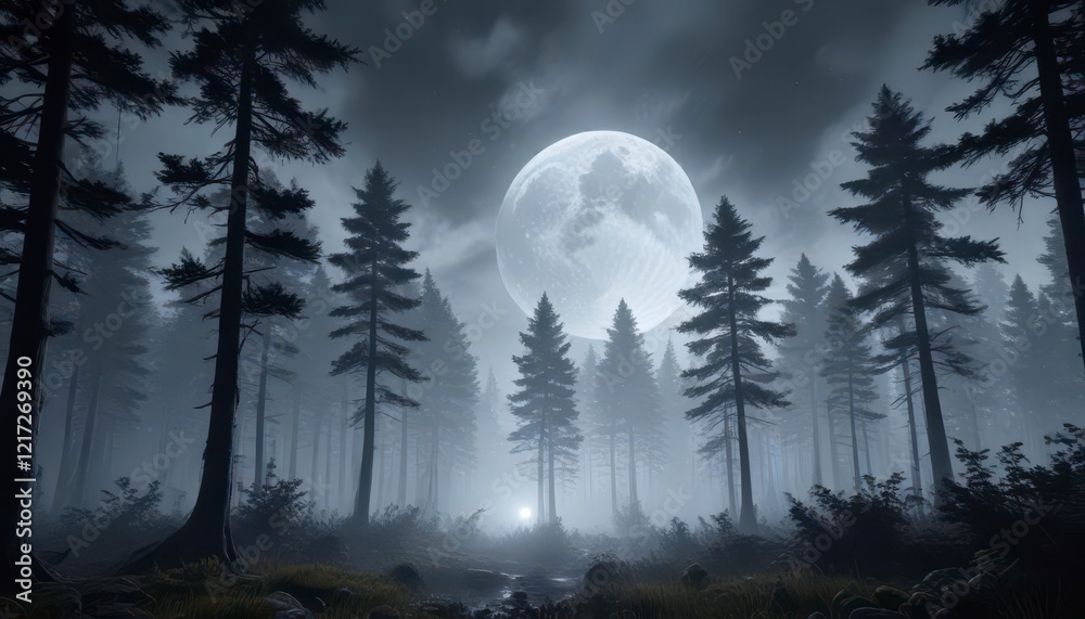 Moonlit forest landscape with towering trees and misty atmosphere,  greens,  moonlight