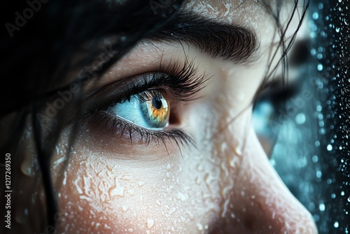 A close-up of a woman gazing out of a rain-covered window, her reflection blending with the streaks of water