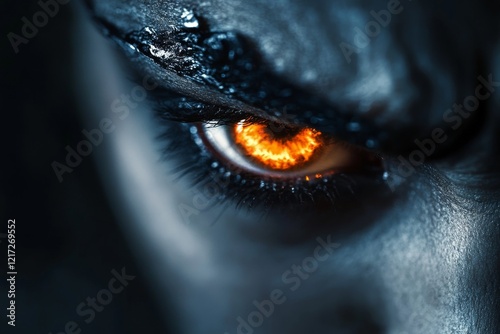 A close-up of an angry face with furrowed brows and clenched teeth, their eyes glowing with intensity