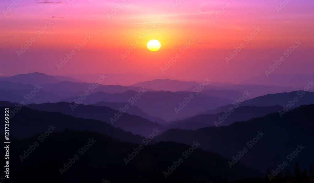 Vibrant sunset paints the sky with purple hues and an orange glow, silhouetting mountains in a panoramic, ethereal landscape. A breathtaking twilight scene of nature's serene beauty. Vibrant sunset paints the sky with purple hues and an orange glow, silhouetting mountains in a panoramic, ethereal landscape. A breathtaking twilight scene of nature's serene beauty.