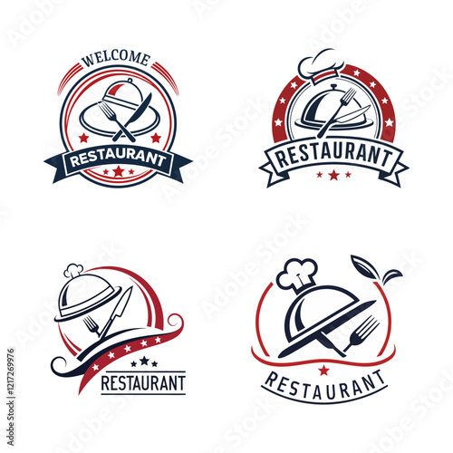 Set of Restaurant Logos Featuring Food Symbols and Design Elements