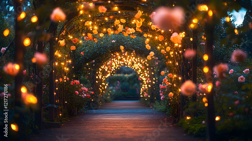A rose garden at dusk, with fairy lights strung along the pathways, creating a magical and serene setting, during twilight