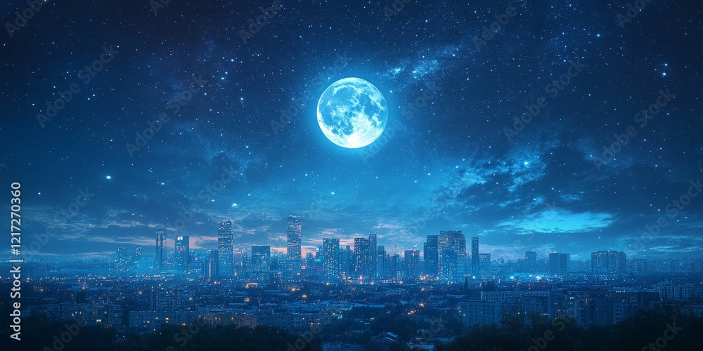 A city skyline under a full moon surrounded by stars, symbolizing calm and beauty. Perfect for travel, cityscapes, and night photography. A city skyline under a full moon surrounded by stars, symbolizing calm and beauty. Perfect for travel, cityscapes, and night photography.