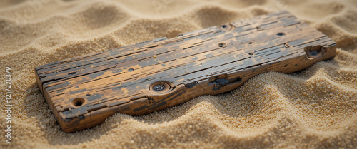 Weathered wooden plank, beach sand, rustic texture, driftwood, barnacle-covered wood, coastal erosion, seashore debris, grainy sand background, natural lighting, close-up photography, beach combing fi photo