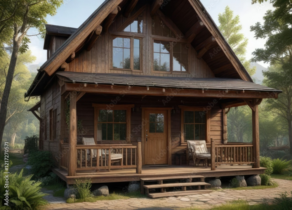 A charming wooden cabin with a steeply pitched roof and a warm porch, winter retreat , cabin life A charming wooden cabin with a steeply pitched roof and a warm porch, winter retreat , cabin life