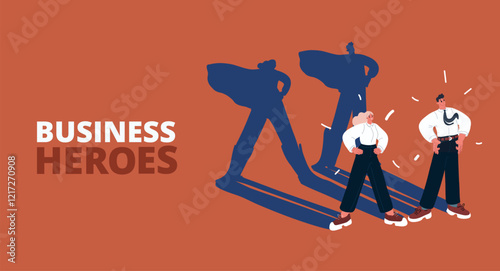 Vector illustration of two people in business attire standing confidently, casting their heroic shadows on the wall