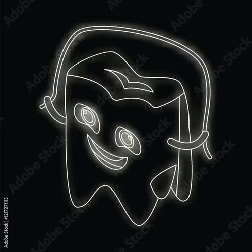 Cartoon tooth wearing braces and smiling, glowing white on a black background