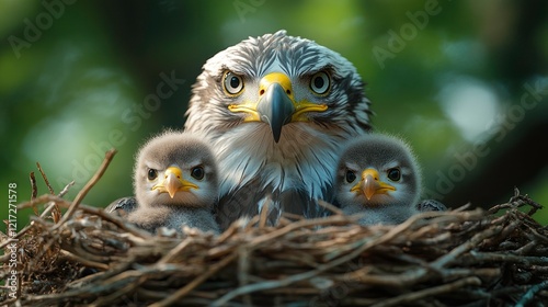 Adult eagle and two eaglets in nest, leaves blurred in the background, for nature illustration photo