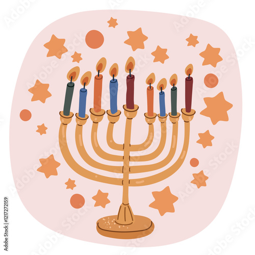 Vector illustration of a menorah with 8 candles, celebrating Hanukkah