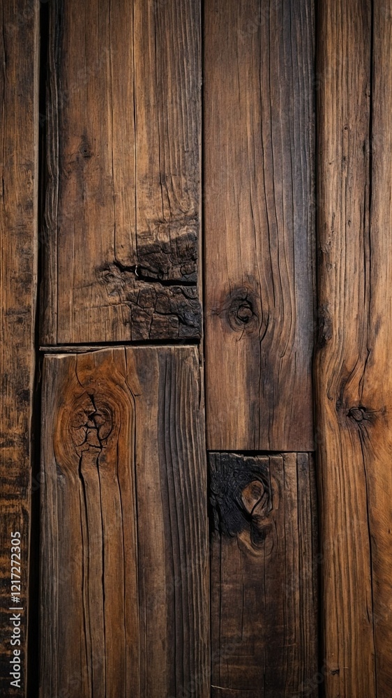 Obraz premium A close-up view of a dark table made of wood planks arranged vertically. The surface of the table is aged and textured, with natural wood grain patterns. Grunge wooden 9:16 background.