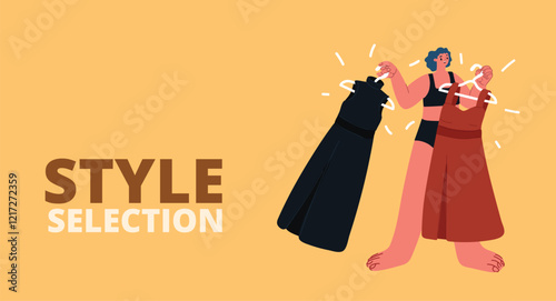 Vector illustration of a woman holding two dresses in her hands, deciding what to wear