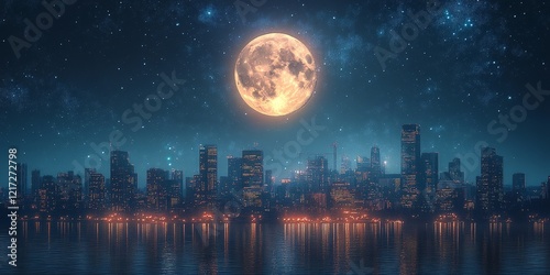 A city skyline under a full moon surrounded by stars, symbolizing calm and beauty. Perfect for travel, cityscapes, and night photography.