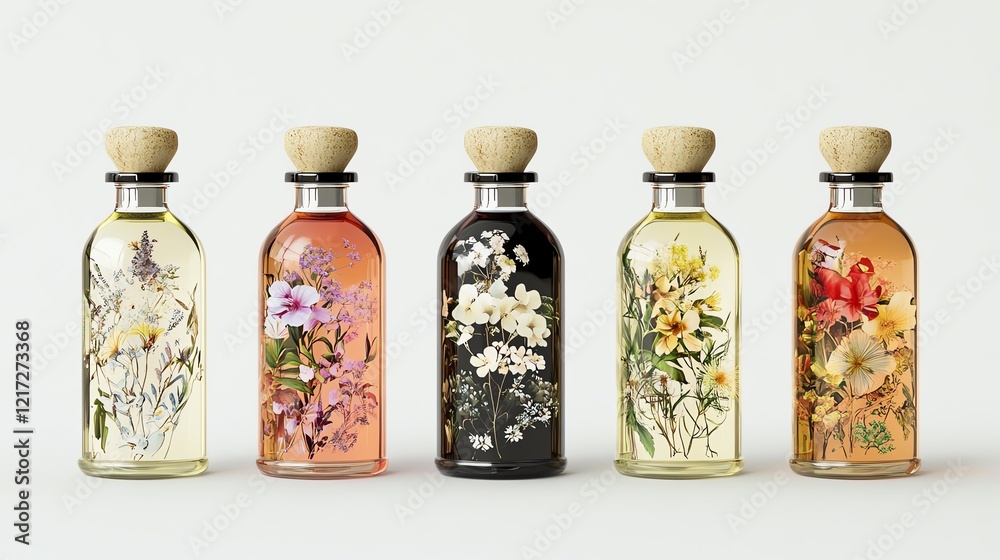 Five elegant glass bottles with flower-themed labels, showcasing vibrant colors against a white isolated background. Five elegant glass bottles with flower-themed labels, showcasing vibrant colors against a white isolated background.