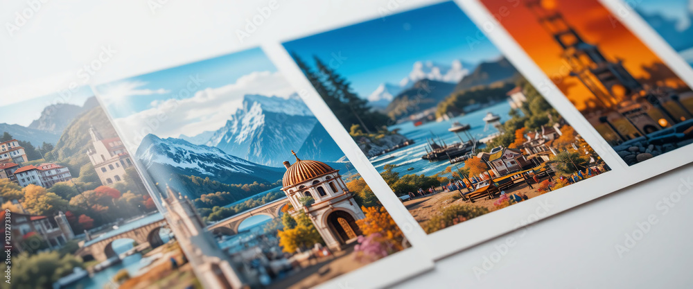 Fototapeta premium Travel postcards, scenic landscapes, mountain views, coastal scenery, urban cityscape, vibrant colors, photographic collage, diverse destinations, wanderlust inspiration, panoramic vistas, natural won