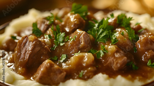 A close-up of lamb stew garnished with parsley and served with buttery mashed potatoes under warm lighting