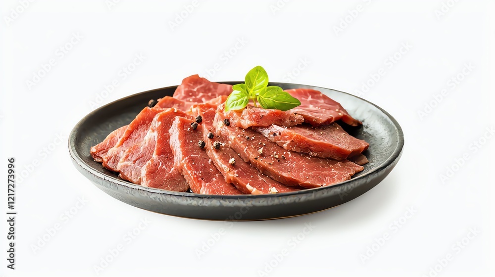 Freshly sliced meat arranged on a black plate garnished with mint, perfect for culinary presentations. Freshly sliced meat arranged on a black plate garnished with mint, perfect for culinary presentations.