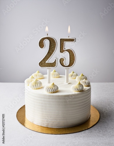 Decorated white cake for birthday or anniversary party, candle number 25, white background photo