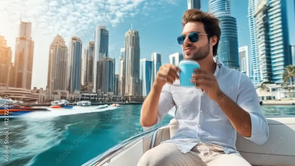 A scene of a man sitting in a boat on a city beach, smooth repetitive motion for background video animation