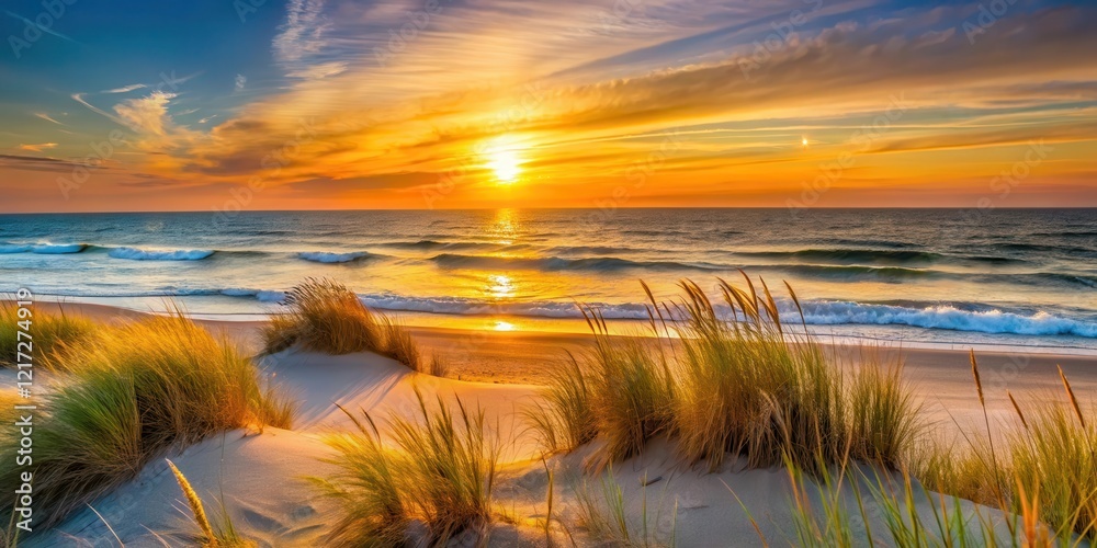 Sunset on the ocean with waves and beach grass, sand, sea, sand, sea, peaceful, scenery, landscape, twilight, serene Sunset on the ocean with waves and beach grass, sand, sea, sand, sea, peaceful, scenery, landscape, twilight, serene