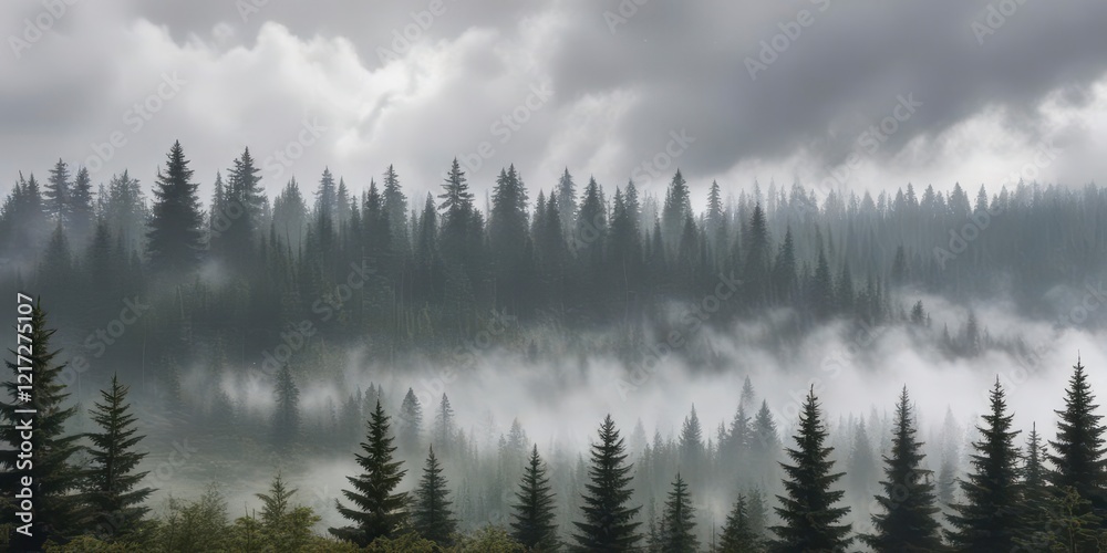 Fototapeta premium Overcast sky with misty fog rolling through fir forest, fir, atmosphere