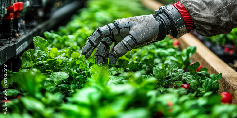 Robotic Hand Harvesting Green Plants in Agricultural Setting Showcasing Automation and Technological Advancements Robotic Hand Harvesting Green Plants in Agricultural Setting Showcasing Automation and Technological Advancements