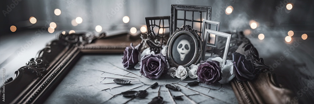 Spooky Halloween Still Life Antique Frames Roses Ghost