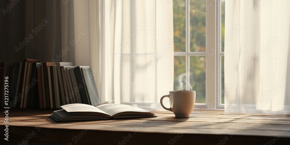 Fototapeta premium Warm morning sunlight streams through the window illuminating an open book and a steaming hot drink