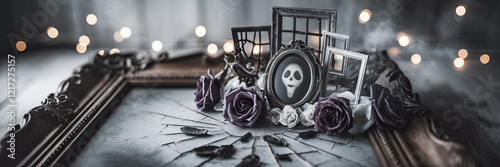 Obraz na płótnie Spooky Halloween Still Life Antique Frames Roses Ghost w salonie