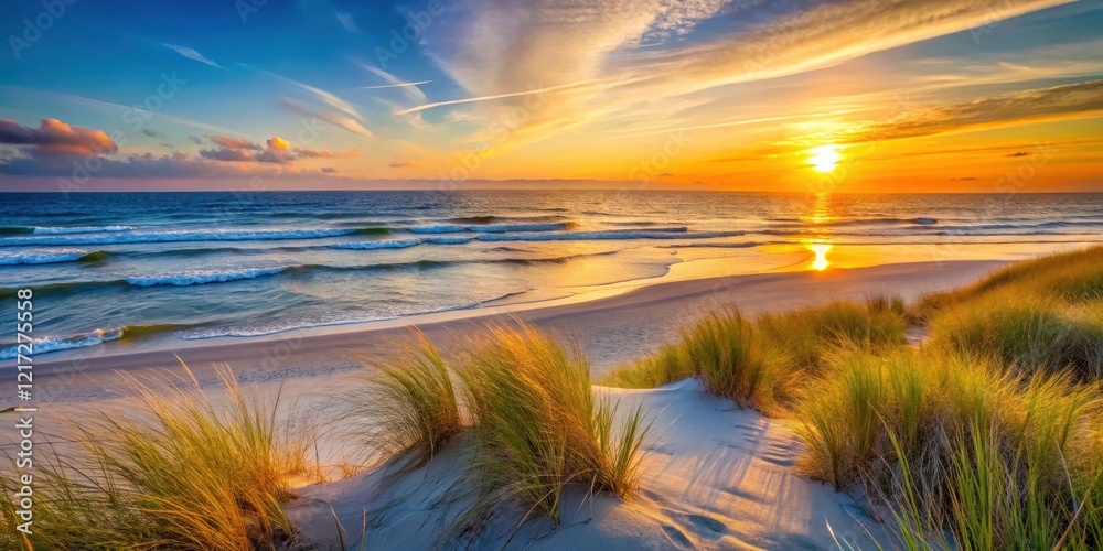 Sunset on the ocean with waves and beach grass, sand, sea, sand, sea, peaceful, scenery, landscape, twilight, serene Sunset on the ocean with waves and beach grass, sand, sea, sand, sea, peaceful, scenery, landscape, twilight, serene