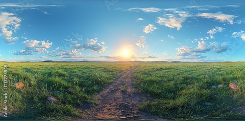A green farming field with clouds over a blue sky captured in a spherical 360-degree HDRI panorama with equirectangular seamless projection, ideal for game development skyboxes or VR content