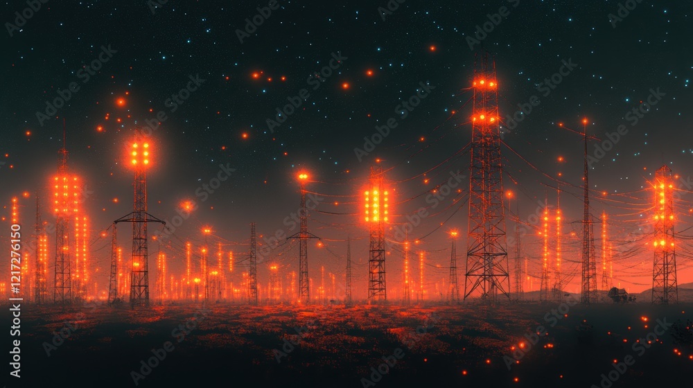 Fototapeta premium Electricity transmission towers with orange glowing wires the starry night sky. Energy infrastructure concept, energy, electricity, voltage, supply, pylon, technology