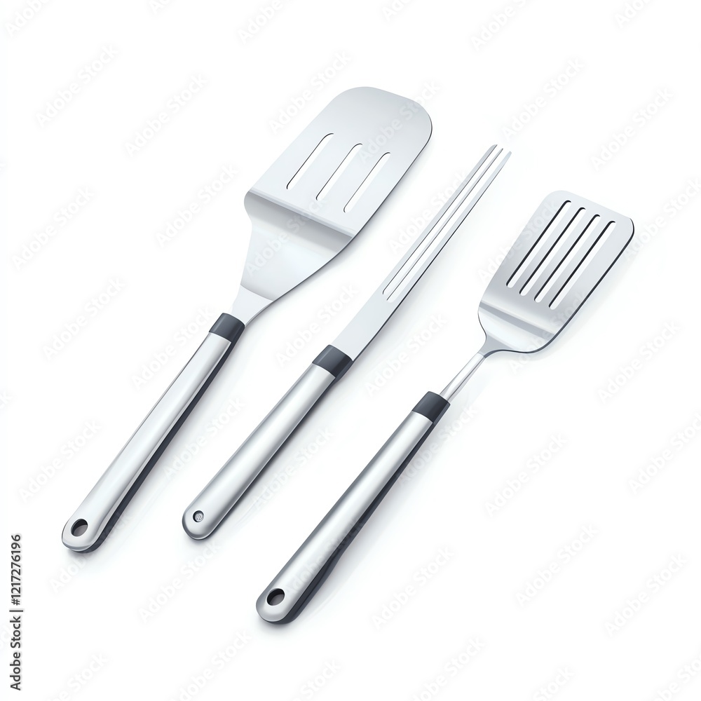Set of three stainless steel cooking utensils on a white background. Set of three stainless steel cooking utensils on a white background.