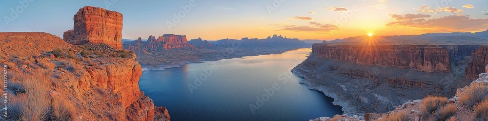 Fototapeta premium Lake Powell panoramic sunset landscape, Arizona, USA