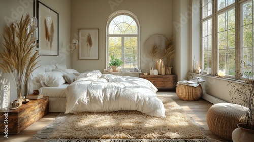 A bedroom scene with a soft, fluffy rug beside the bed, creating a cozy atmosphere for winding down before sleep, in calming shades of beige, light gray, and soft brown photo