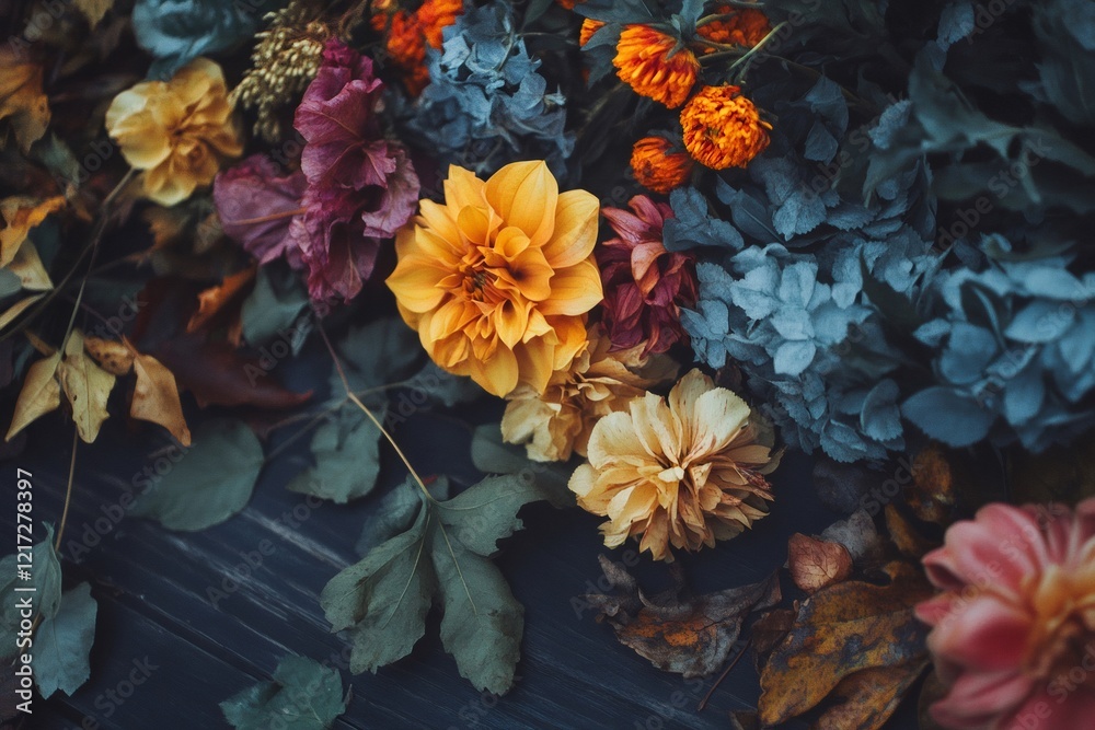 Fototapeta premium Dahlias, hydrangeas and dried leaves create a beautiful autumnal still life on a dark wooden surface