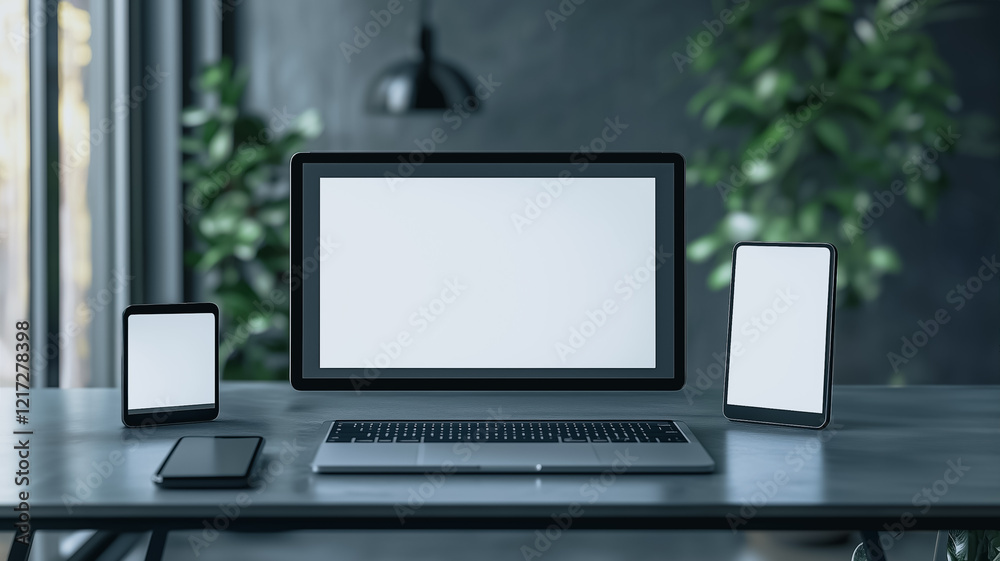 Fototapeta premium Minimalist Workspace Mockup: A sleek and minimalist workspace featuring a laptop with a blank screen, a phone, and tablet, all arranged on a modern desk.