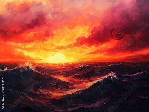 A dramatic sunrise on the open sea, with vibrant orange and red tones lighting up the sky and reflecting off the waves, creating an awe-inspiring view photo