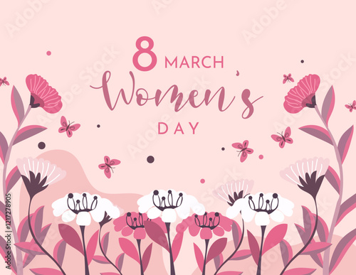 Feminine Floral Celebration:  A delicate pink and white floral arrangement with butterflies dancing amidst the blooms marks International Women's Day on March 8th.