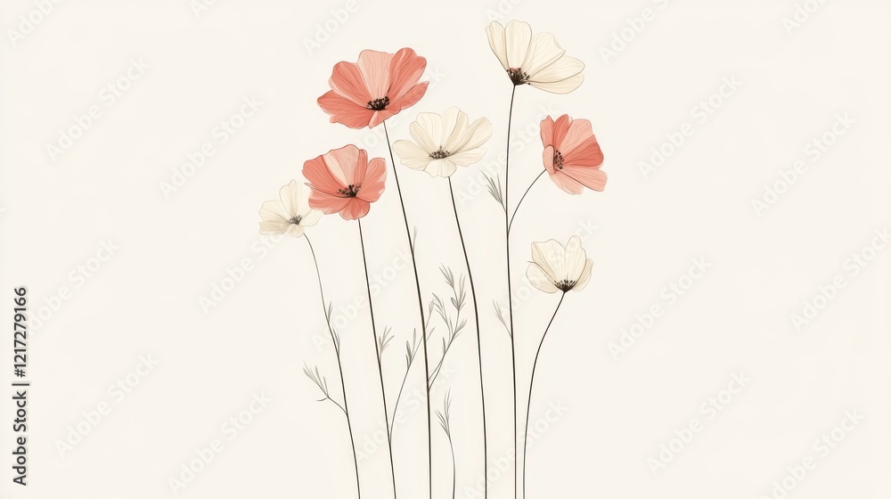 Obraz premium Delicate pastel flowers standing gracefully against a soft beige background, evoking tranquility