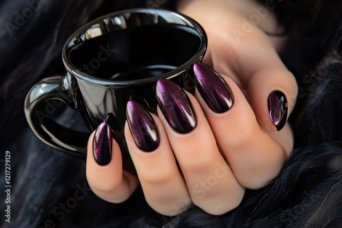 Woman's hand with trendy purple metallic manicure holding a black coffee cup, showcasing modern nail art