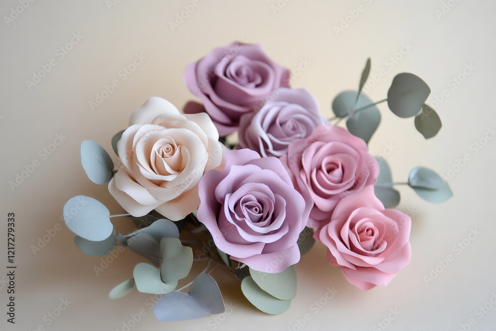 Fototapeta premium Soft pastel foam roses and eucalyptus leaves creating elegant, delicate floral arrangement with subtle, romantic styling
