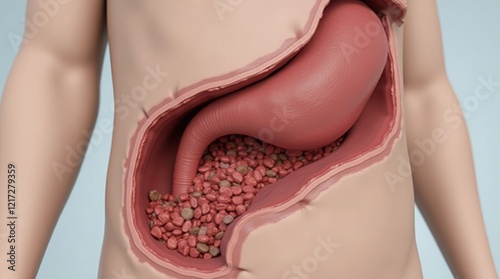 Gallbladder cutting showing gallstones obstructing bile duct on medical background. 3d illustration photo